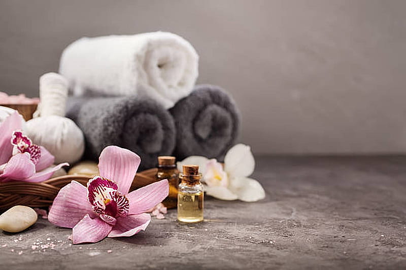 Spa treatment, orchids, oil, spa, towels, relaxing, HD wallpaper