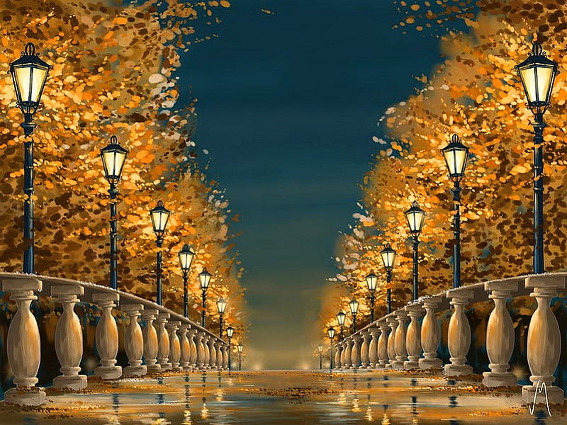 Bridge, fall, autumn, falling, bonito, foliage, leaves, nice, painting, season, light, night, art, quiet, calmness, lovely, golden, colors, sky, trees, serenity, HD wallpaper