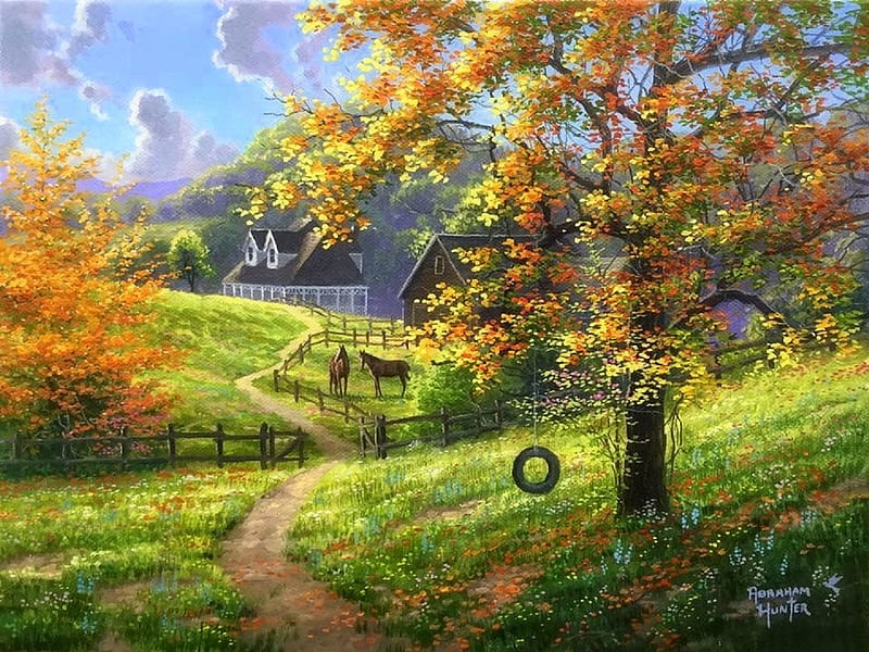 Memory Lane, houses, love four seasons, attractions in dreams, trees, horses, lanes, paintings, summer, nature, fields, HD wallpaper