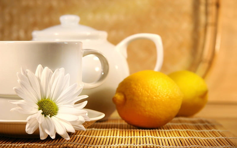 Morning caffee, orange, flower, cup, tea, lemon, HD wallpaper