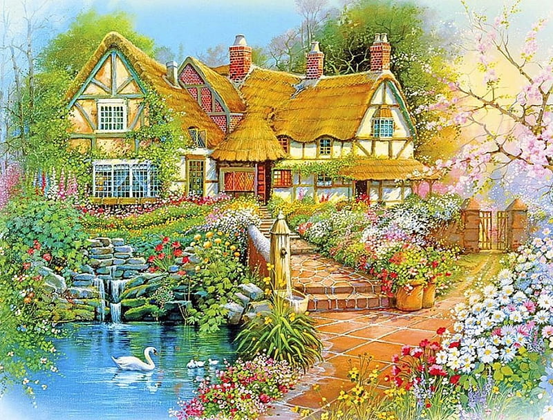 Cottage in spring, pretty, colorful, house, lovely, cottage, bonito, spring, swan, lake, door, flower, nature, HD wallpaper