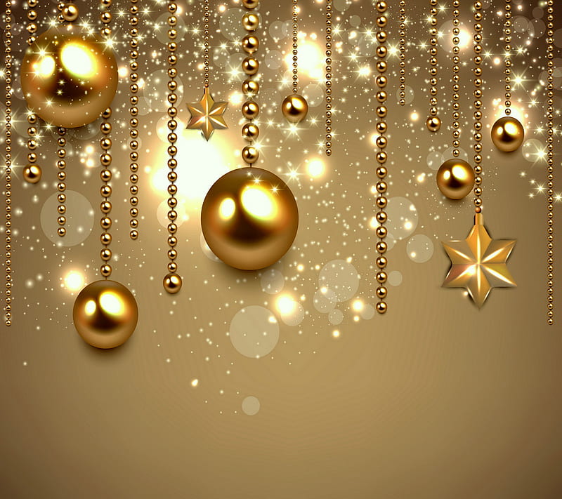 Christmas Decoration, balls, gold, merry, new year, stars, HD wallpaper