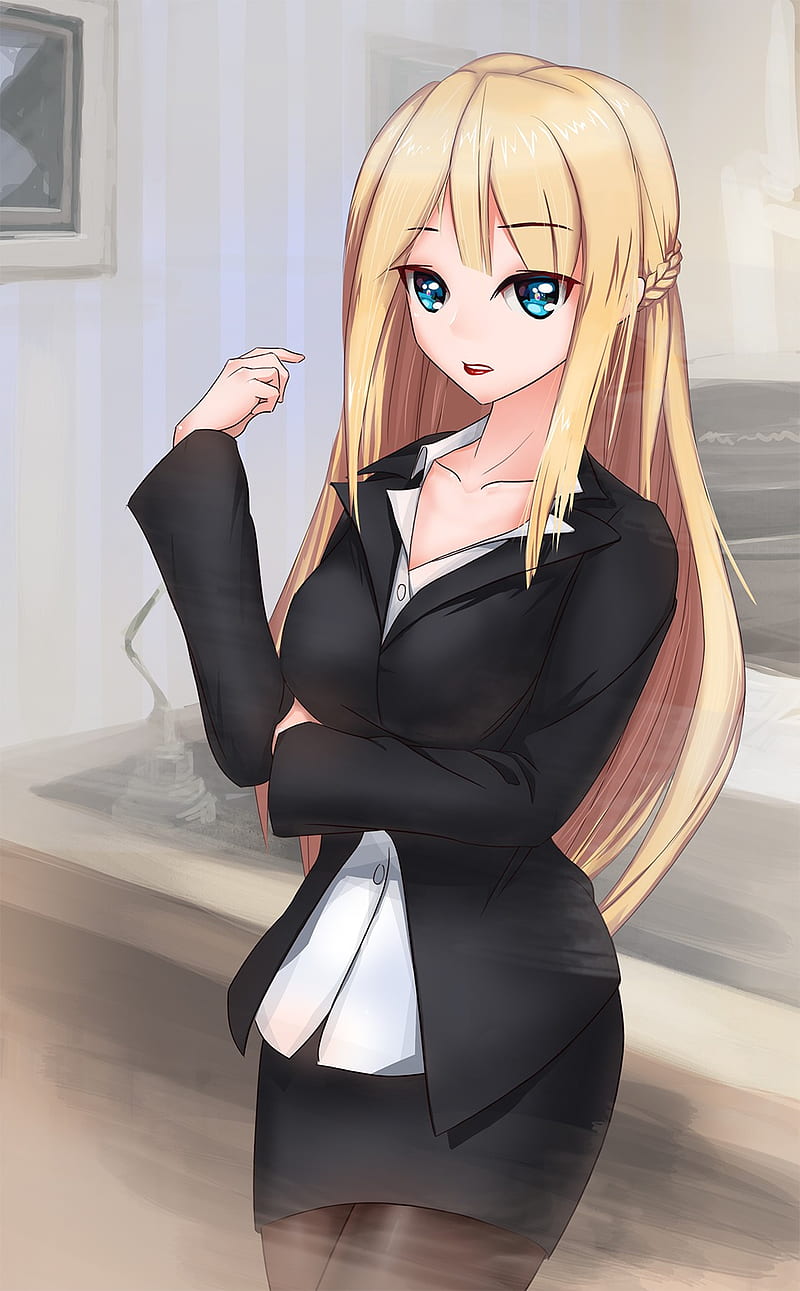 Dark blonde hair, medium hair length, cute waifu, side bangs, wavy hair,  blue eyes, anime style, natural lipstick, round face, full hd