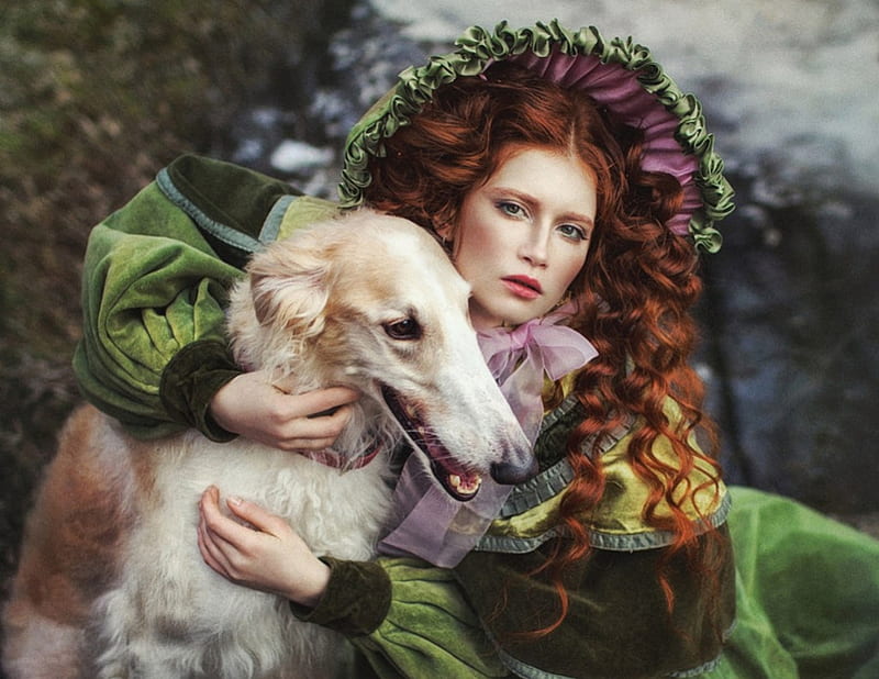 Beauty with dog, girl, green, model, caine, woman, kareva margarita, dog, animal, HD wallpaper