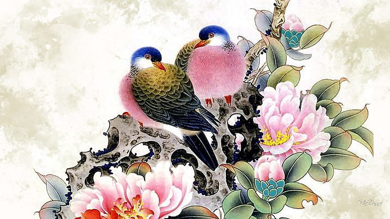 birds-chinese-oriental-painting-artistic-peonies-china-art-bird-flower-flowers-floral-flying-moving-, Vogel, Bund, Deutschland, Blumen, HD wallpaper