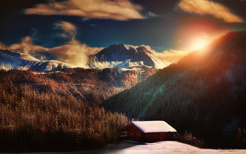Alps winter, mountains, snowdrift, sunset, Europe, HD wallpaper