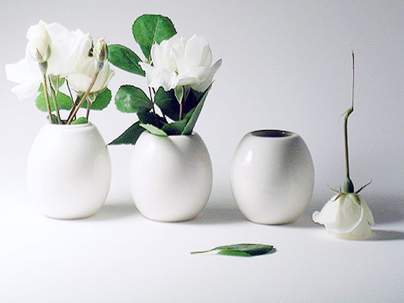 A hint of emerald, white vases, roses, white, green leaves, HD wallpaper