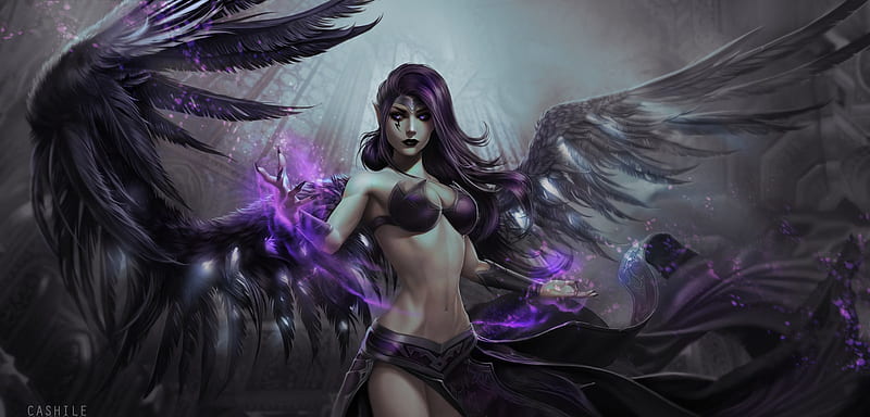 Morgana, fantasy, wings, purple, luminos, angel, black, cashile, HD wallpaper