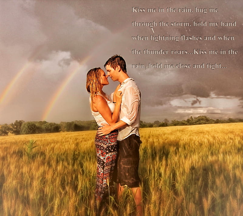 Kiss Me In The Rain, couple, kiss, love, sayings, HD wallpaper