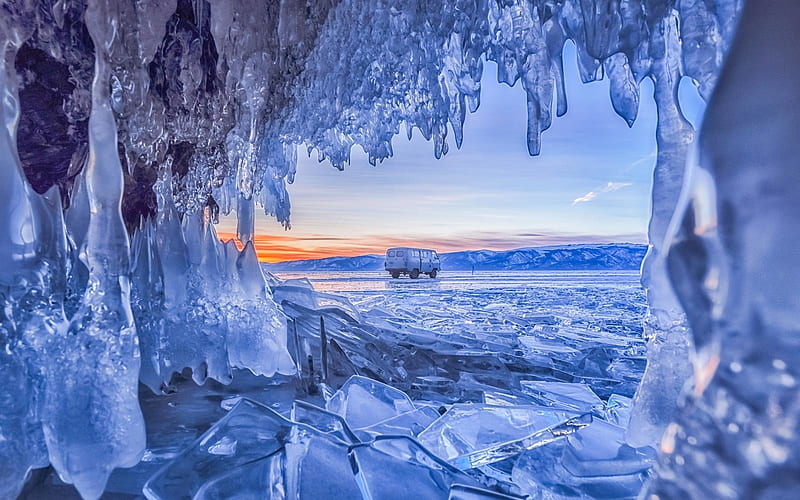 Ice cave, Lake Baikal, Russia, sunset, sky, icicles, car, HD wallpaper