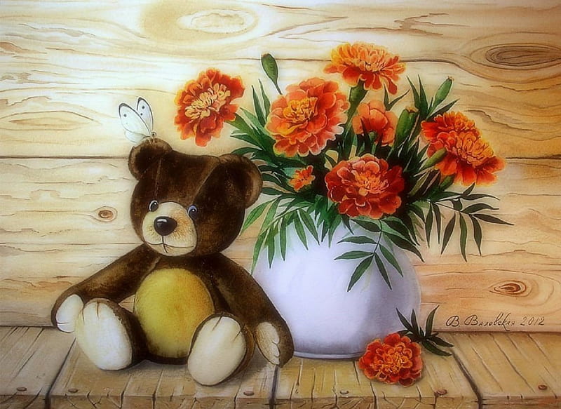 ✼Teddy Bear & Marigolds✼, pretty, softness beauty, attractions in dreams, most ed, seasons, still life, paintings, flowers, artworks, lovely, colors, love four seasons, creative pre-made, butterflies, abstract, vases, weird things people wear, summer, teddy bear, gifts, watercolor, HD wallpaper
