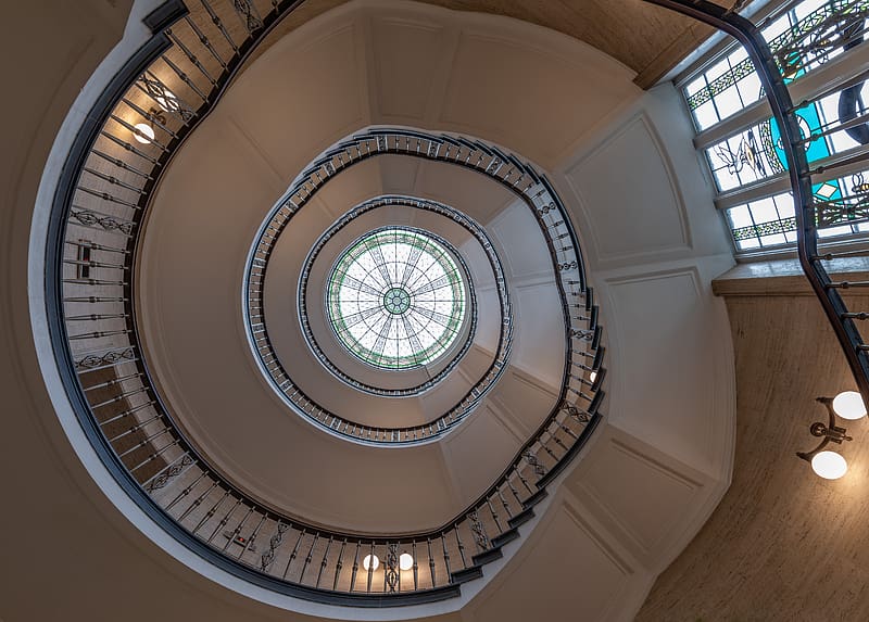 staircase, spiral, ceiling, stained glass, architecture, HD wallpaper