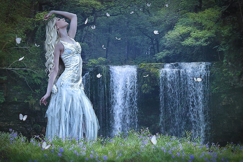 Butterflies Dance, forest, waterfall, butterfly, girl, HD wallpaper ...
