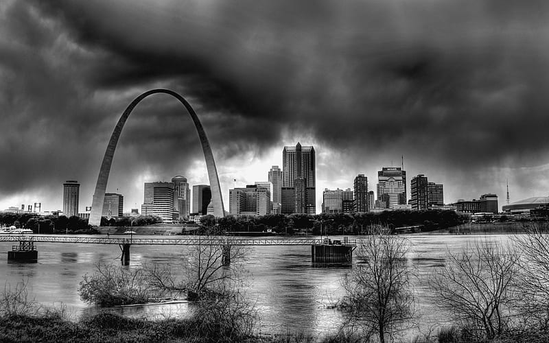High Waters in St Louis, graph, overflowing, black, bonito, clouds, storm, arch, skyline, bank, archtiecture, river, white, HD wallpaper