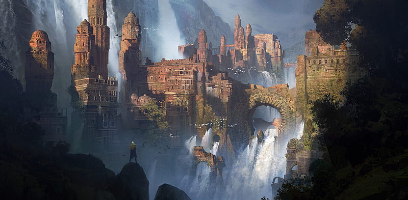 Ruins, world, fantasy, luminos, ivan laliashvili, waterfall, man, ruin, castle, HD wallpaper