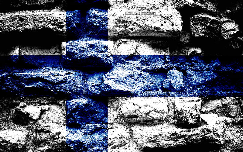 Finland flag, grunge brick texture, Flag of Finland, flag on brick wall, Finland, Europe, flags of european countries, HD wallpaper