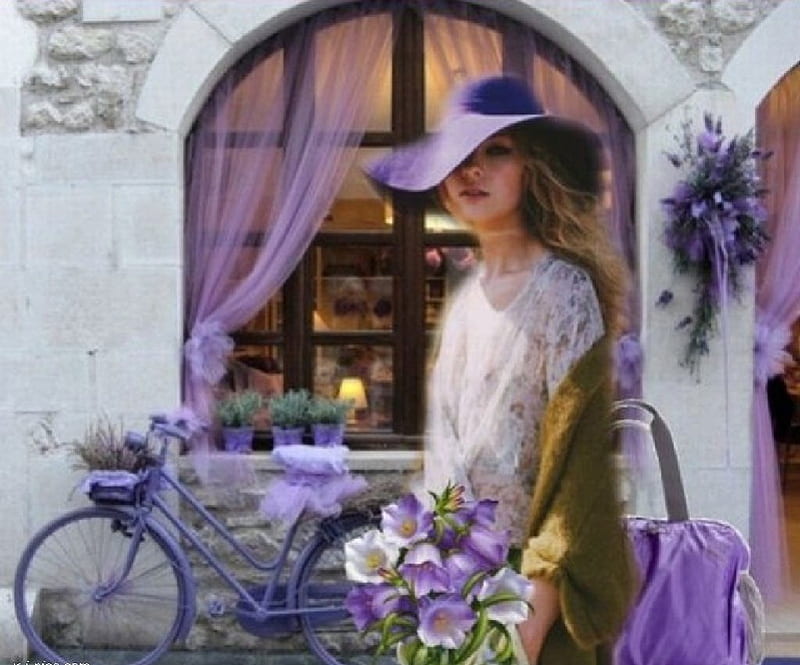 Lady in Purple Hat, purple hat, purple bicycle, model, lady, HD wallpaper