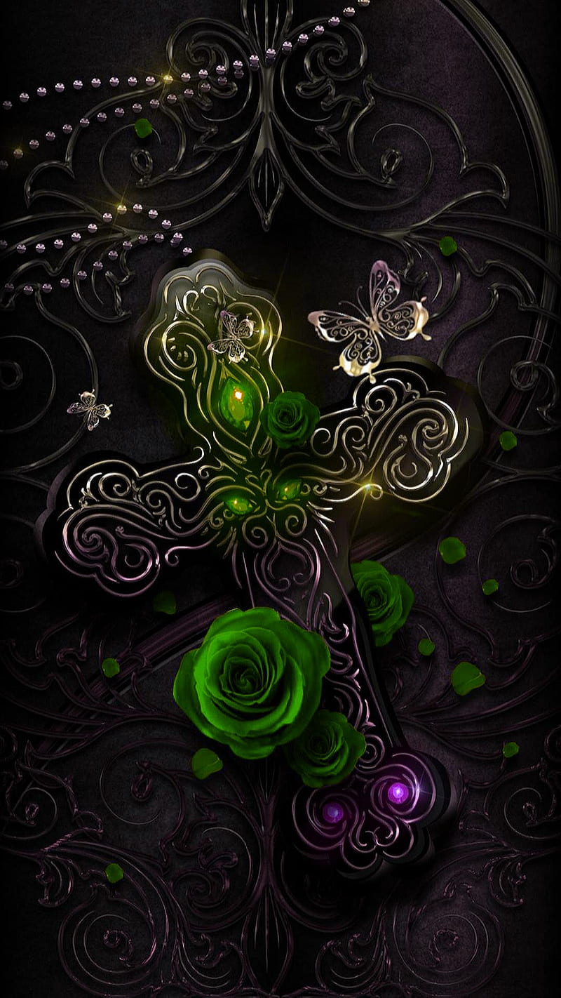 cross, jesus, green, rose, flower, butterfly, metal, pattern, christian, HD phone wallpaper