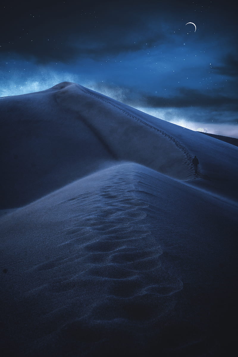 Dark Desert , clouds, cold, human, moon, mountains, night, stars, HD phone wallpaper