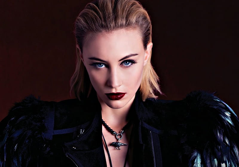 Sarah Gadon, black, woman, make-up, girl, actress, feather, beauty, face, HD wallpaper