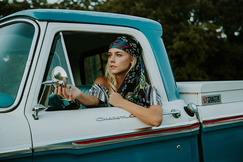 graphy of woman holding side mirror in white and green 2-door pickup truck, HD wallpaper