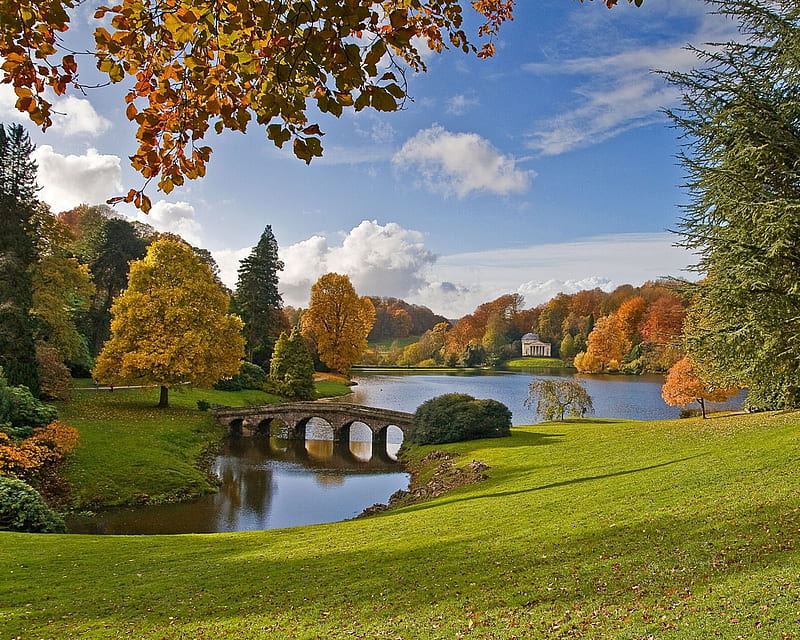 Stourhead Garden, autumn, bridge, england, lake, park, trees, wiltshire, HD wallpaper