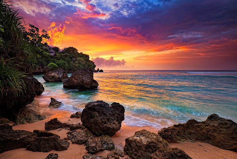 Sunset At Hidden Beach, Bali, rocks, house, ocean, bonito, sunset, waves, trees, sky, clouds, beach, sand, Indonesia, island, HD wallpaper