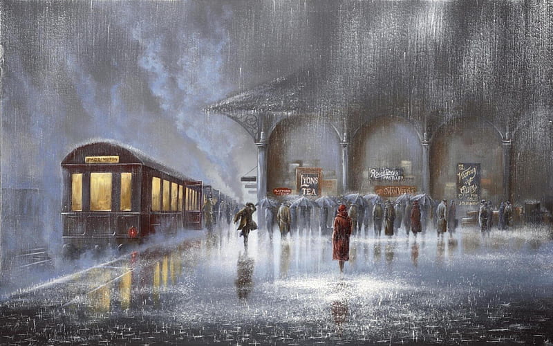 Jeff Rowland painting, red, jeff, art, wet, autumn, yellow, train, people, painting, station, rowland, rain, smoke, light, night, HD wallpaper