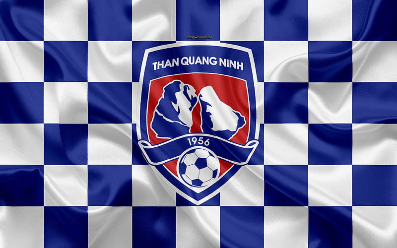 Than Quang Ninh FC logo, creative art, blue white checkered flag, Vietnamese football club, V League 1, emblem, silk texture, Quang Ninh, Vietnam, HD wallpaper