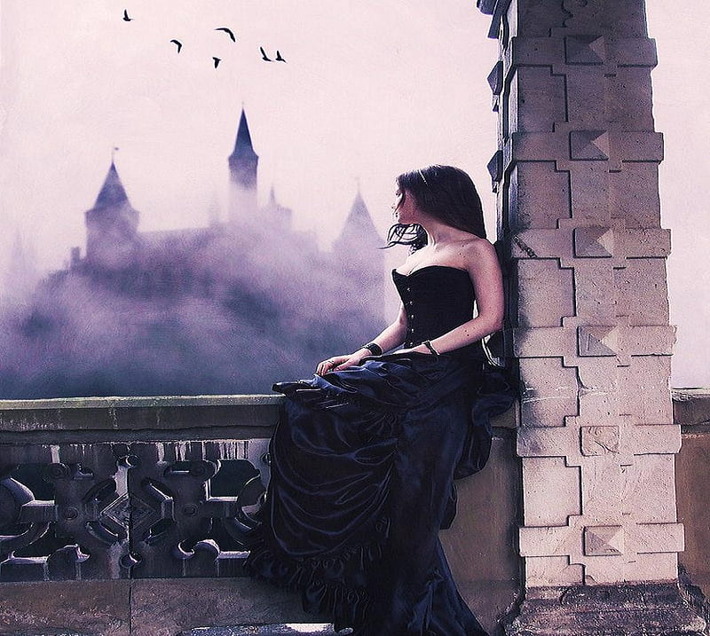 The wait, steeples, balcony, birds, woman, mist, waiting, black dress, railing, castle, HD wallpaper