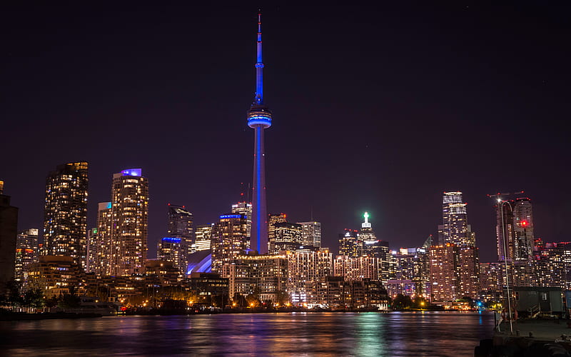 Toronto CN Tower, skyscrapers, night, cityscape, city lights, Canada, television tower, HD wallpaper
