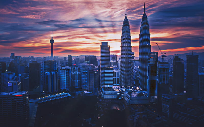 Petronas Towers skyscrapers, Kuala Lumpur, sunset, Malaysia, nightscapes, Asia, Petronas Towers at evening, HD wallpaper