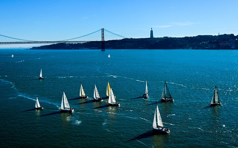 Sailboats in Lisbon, Portugal, oceans, bridges, sailing, portugal, nature, blue, HD wallpaper