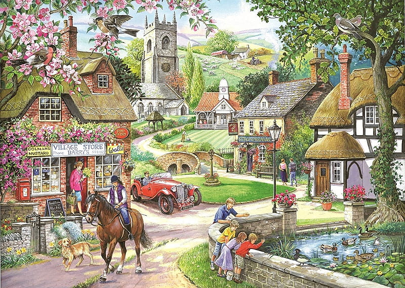 Feeding The Ducks, shop, inn, cottage, ducks, church, horse, pond, pub, flowers, village, painting, HD wallpaper