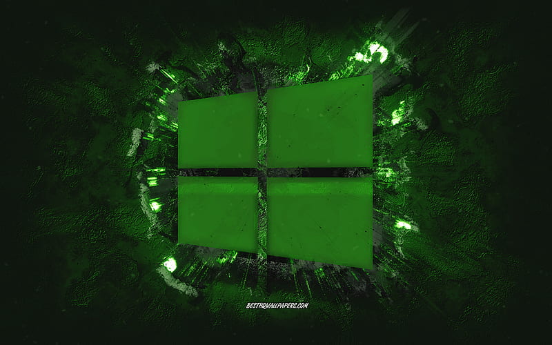 Windows logo, grunge art, green stone background, Windows green logo, Windows, creative art, green Windows 10 logo, HD wallpaper