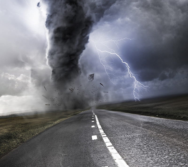 Tornado, nature, road, storm, HD wallpaper