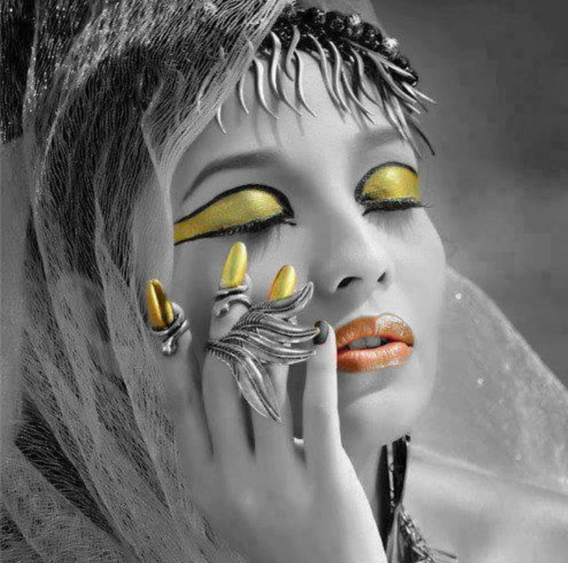 Beauty, color splash, closed eyes, veil, yellow eyeshadow, woman, black and color, hands, enamel, Orange lips, hand, fingernails, HD wallpaper