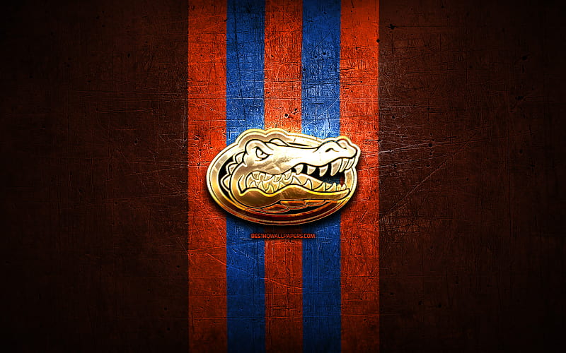 Florida Gators, golden logo, NCAA, red metal background, american football club, Florida Gators logo, american football, USA, HD wallpaper