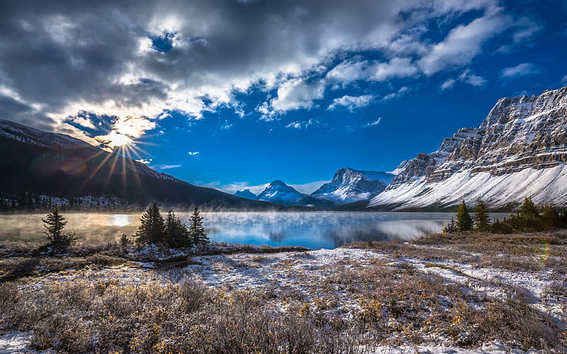 Bow Lake, mountain lake, winter, snow, morning, fog, Canadian Rockies, Banff National Park, Alberta, Canada, HD wallpaper