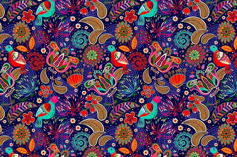 pattern, colorful, folklore, motley, bright, flowers, birds, HD wallpaper