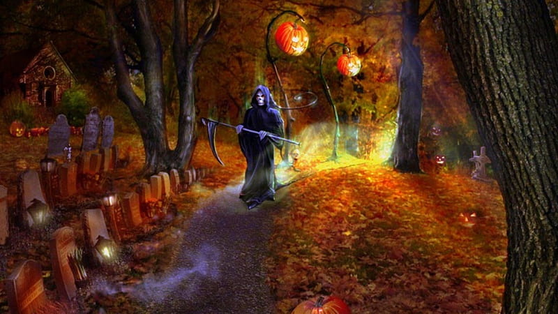 Halloween Reaper, Orange, Pumpkins, Scary, Halloween, Leaves, Reaper, Graveyard, Headstones, Brilliant, Stalking, HD wallpaper