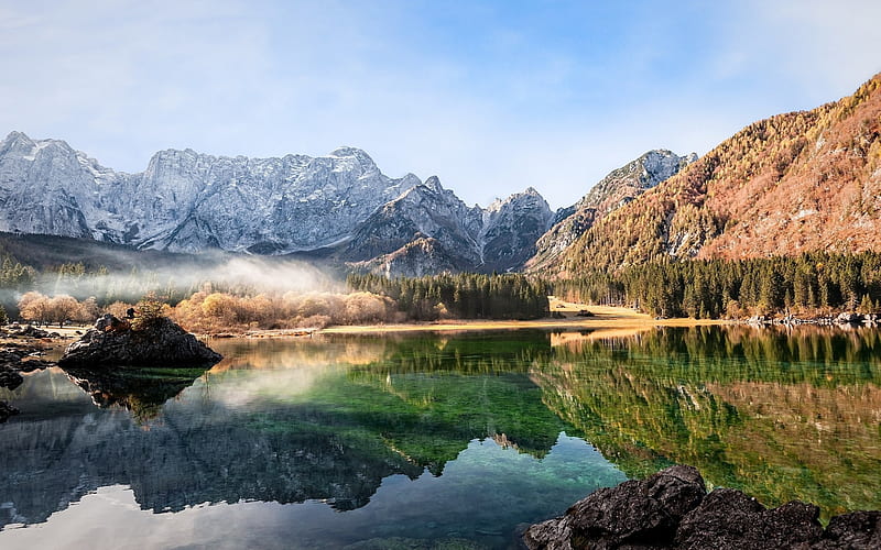 mountain lake, spring, USA, rocks, mountain landscape, morning, fog, glacial lake, HD wallpaper