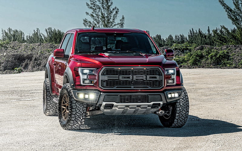 Ford F-150 Raptor, 2020, front view, exterior, red pickup truck, new red F-150 Raptor, american cars, Ford, HD wallpaper