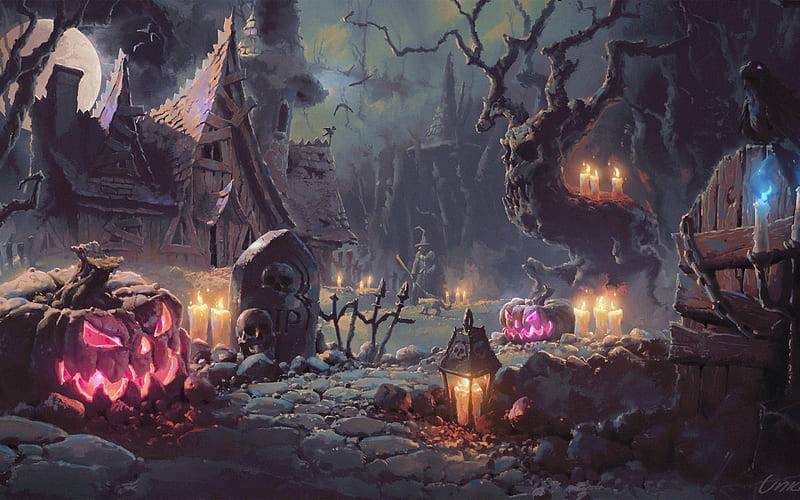 Halloween, art, witches, forest, pumpkins, darkness, night, Happy Halloween, HD wallpaper