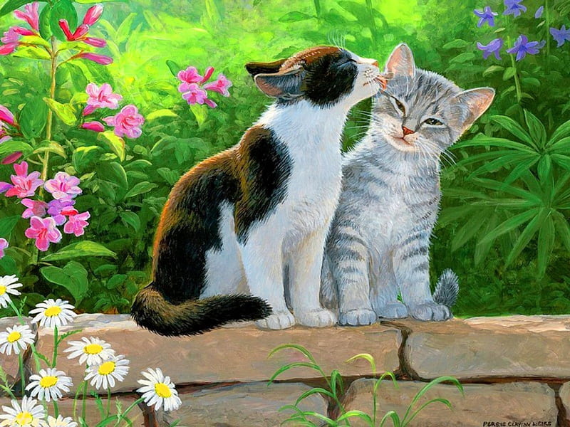 Garden kitties, fence, pretty, bonito, camomile, kiss, painting, flowers, kitties, friends, art, lovely, greenery, kittens, freshness, daisies, summer, garden, cats, HD wallpaper