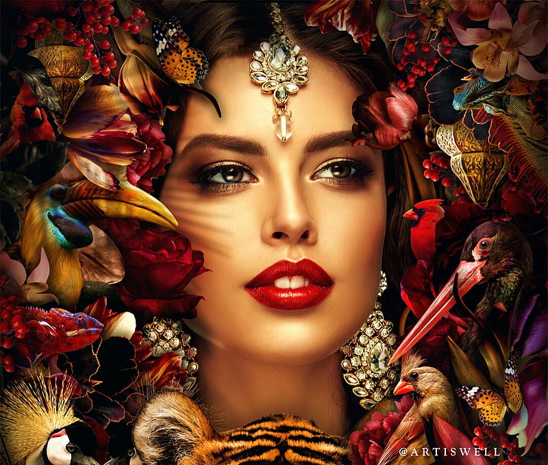 Lady Earth, girl, luminos, jewel, face, red, frumusete, shounak tewarie, fantasy, bird, flower, pasari, HD wallpaper