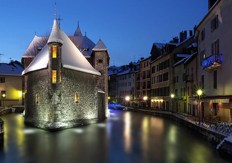 Annecy by night Annecy, France, river, r, night, HD wallpaper