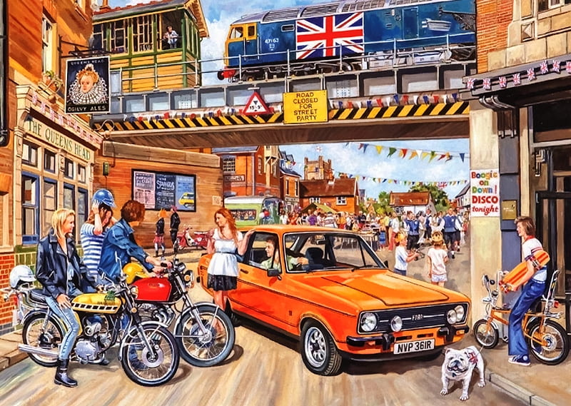 Spirit of The Seventies, inn, escort, motorbike, pub, train, bridge, car, ford, seventies, dog, HD wallpaper