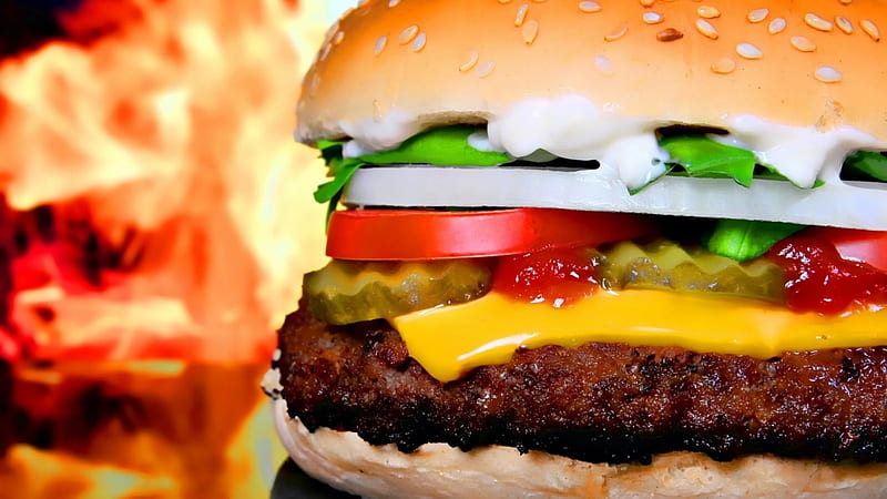 hamburger, tomato, cheese, meat, lettuce, HD wallpaper