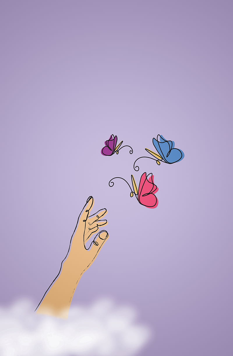 Butterflies , 2021 love new year , butterfly, clouds, colorful, colors, hands, minimalist art minimal design aesthetic pleasing trending popular new fresh high quality phone ultra pastel colors, purple solid background, HD phone wallpaper